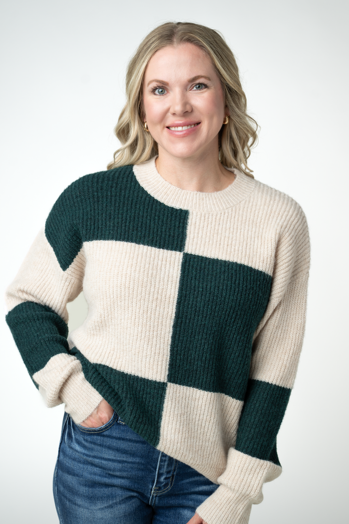 IN STOCK Checkered Block Sweater - Cream and Evergreen