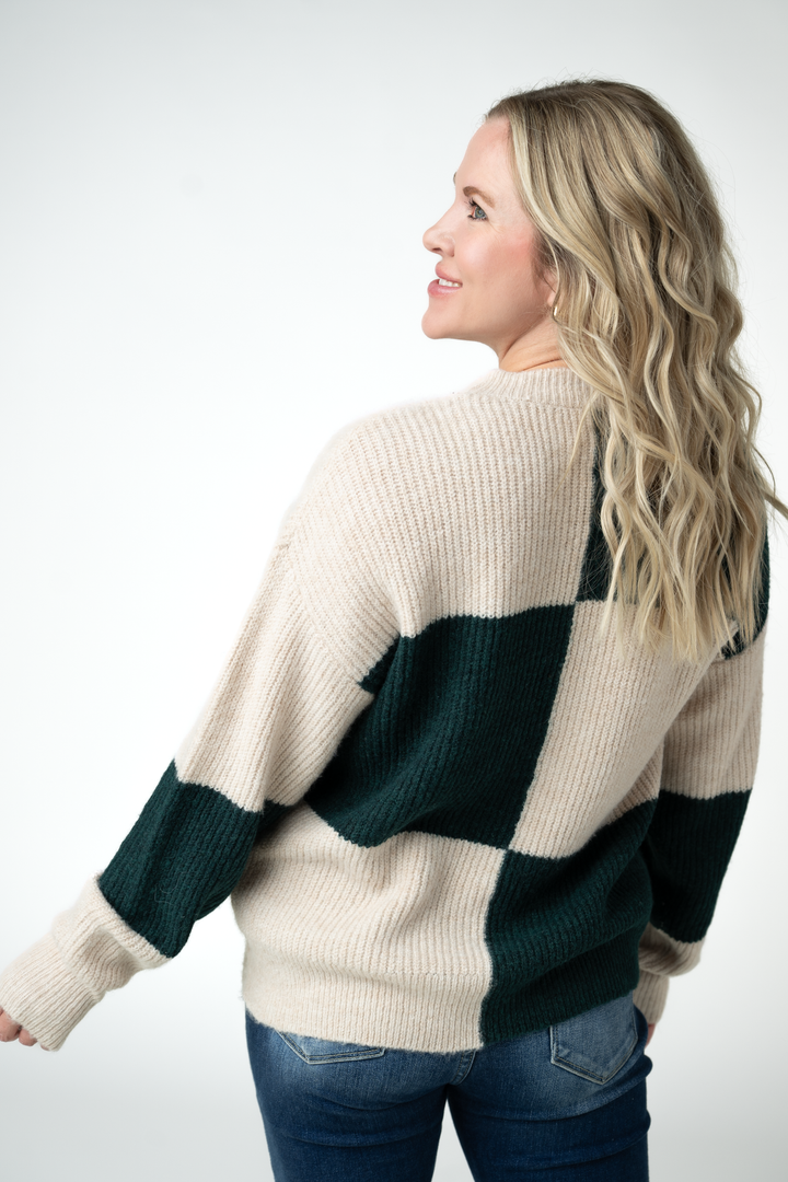 IN STOCK Checkered Block Sweater - Cream and Evergreen
