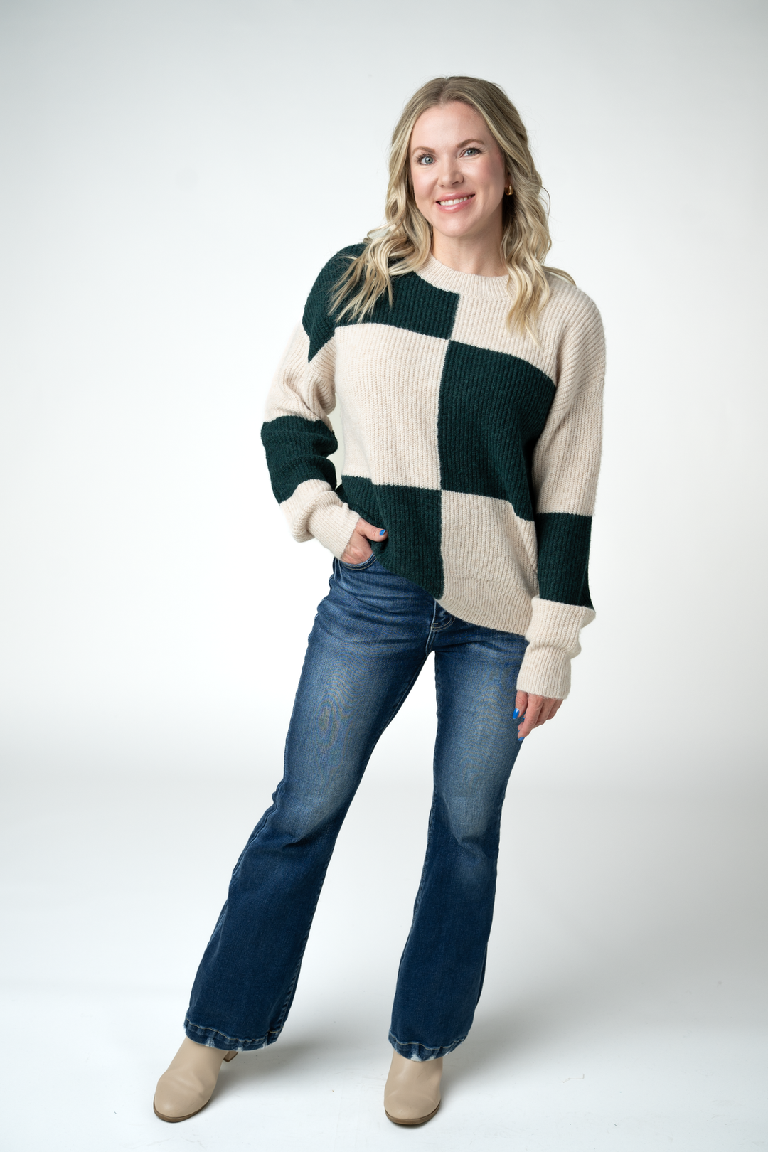 IN STOCK Checkered Block Sweater - Cream and Evergreen