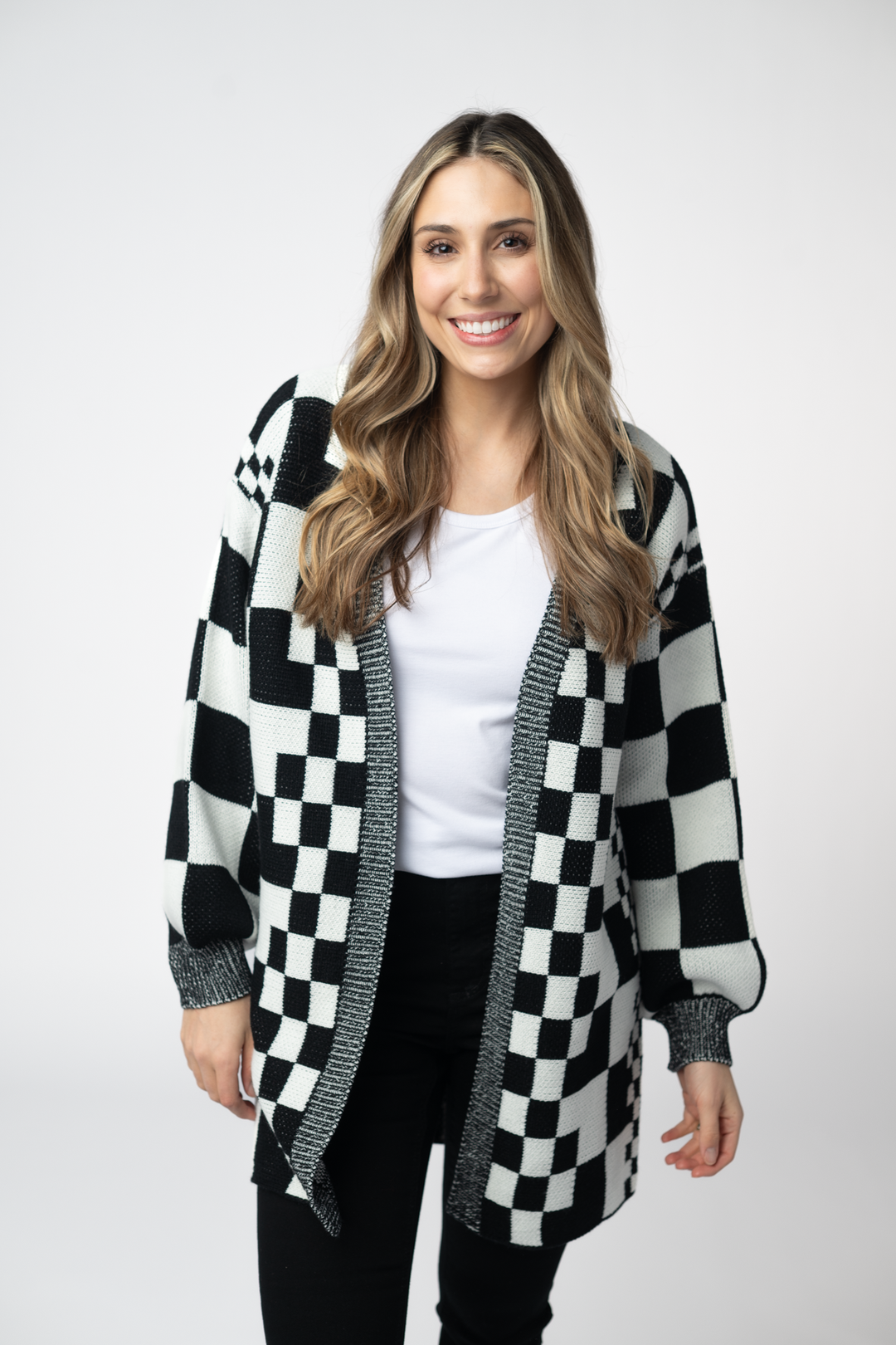 IN STOCK Long Checkered Pocket Cardigan - Black and White