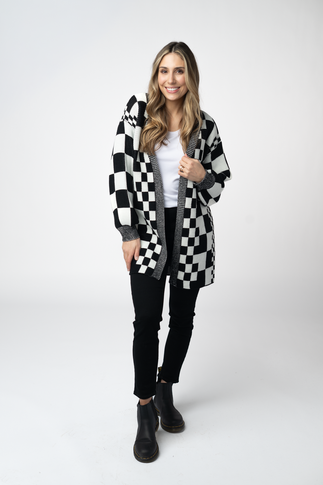 IN STOCK Long Checkered Pocket Cardigan - Black and White