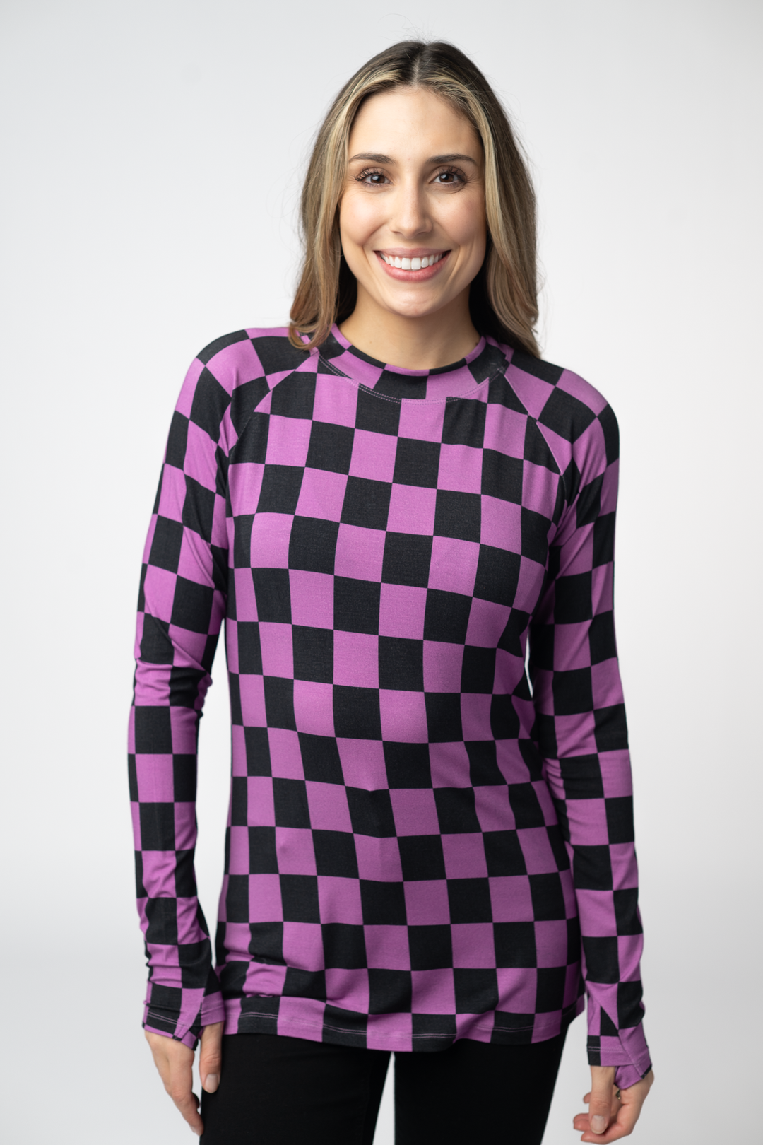 IN STOCK Blair Long Sleeve Top - Black and Purple Checkers