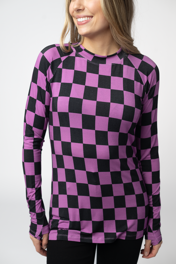IN STOCK Blair Long Sleeve Top - Black and Purple Checkers