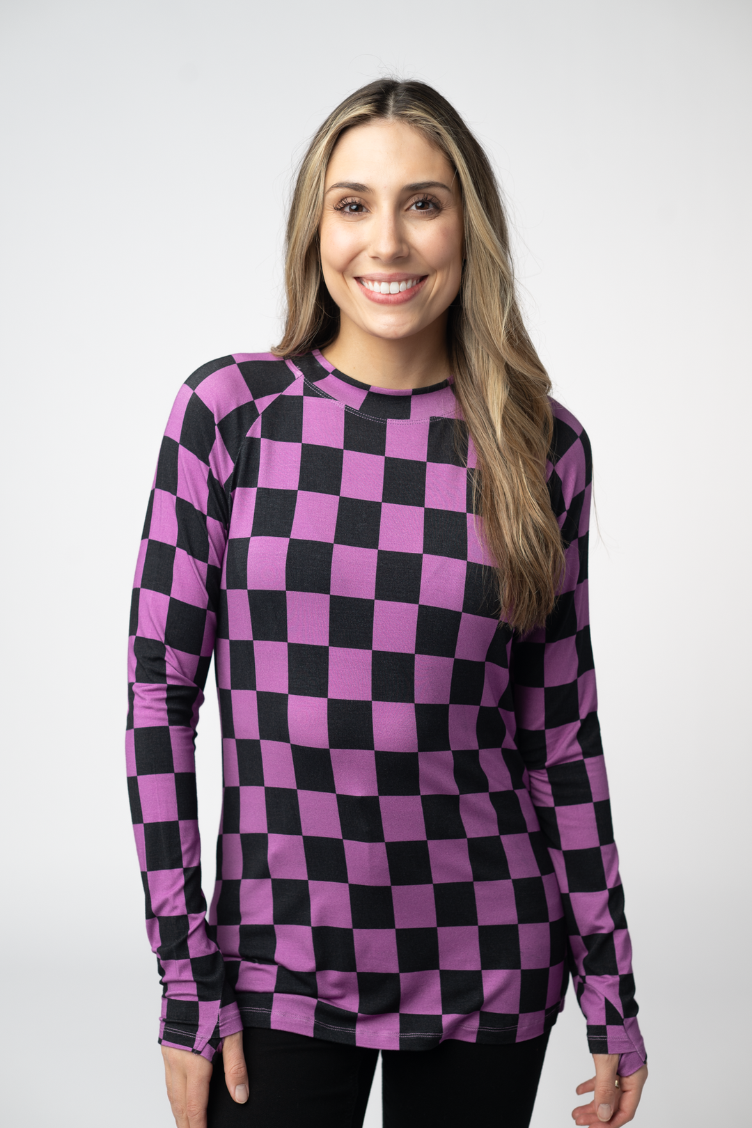 IN STOCK Blair Long Sleeve Top - Black and Purple Checkers