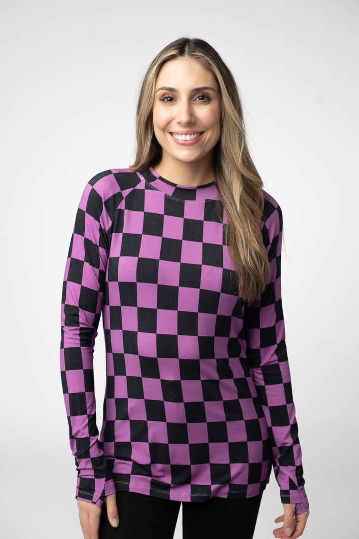 IN STOCK Blair Long Sleeve Top - Black and Purple Checkers