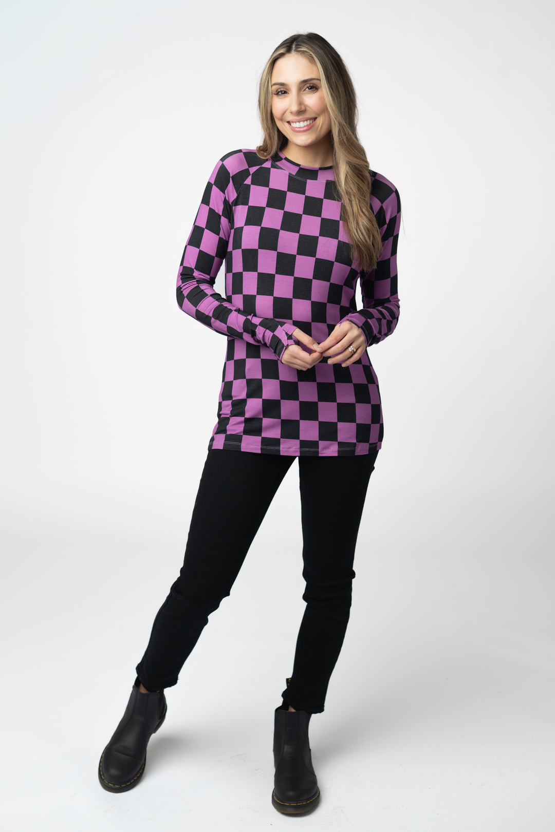 IN STOCK Blair Long Sleeve Top - Black and Purple Checkers