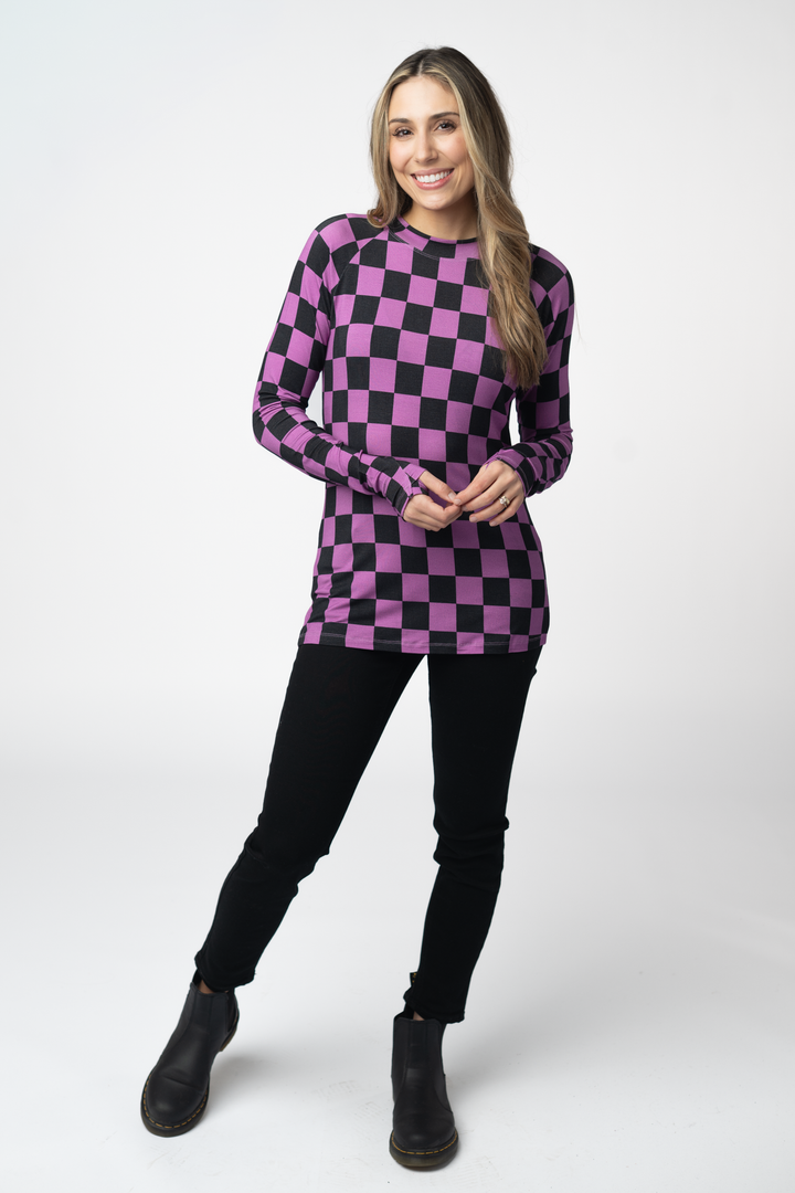 IN STOCK Blair Long Sleeve Top - Black and Purple Checkers