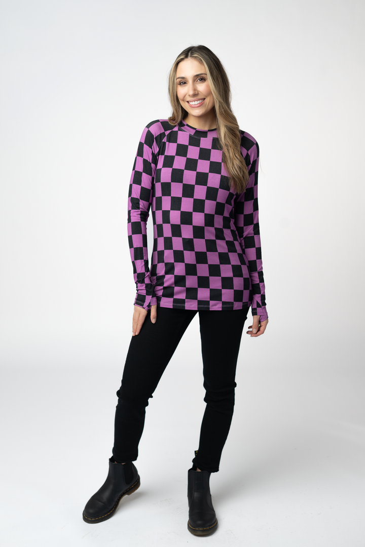 IN STOCK Blair Long Sleeve Top - Black and Purple Checkers