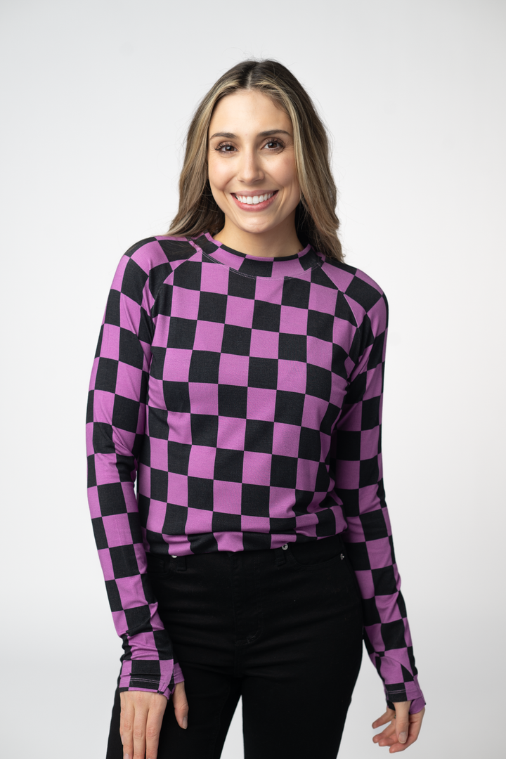 IN STOCK Blair Long Sleeve Top - Black and Purple Checkers