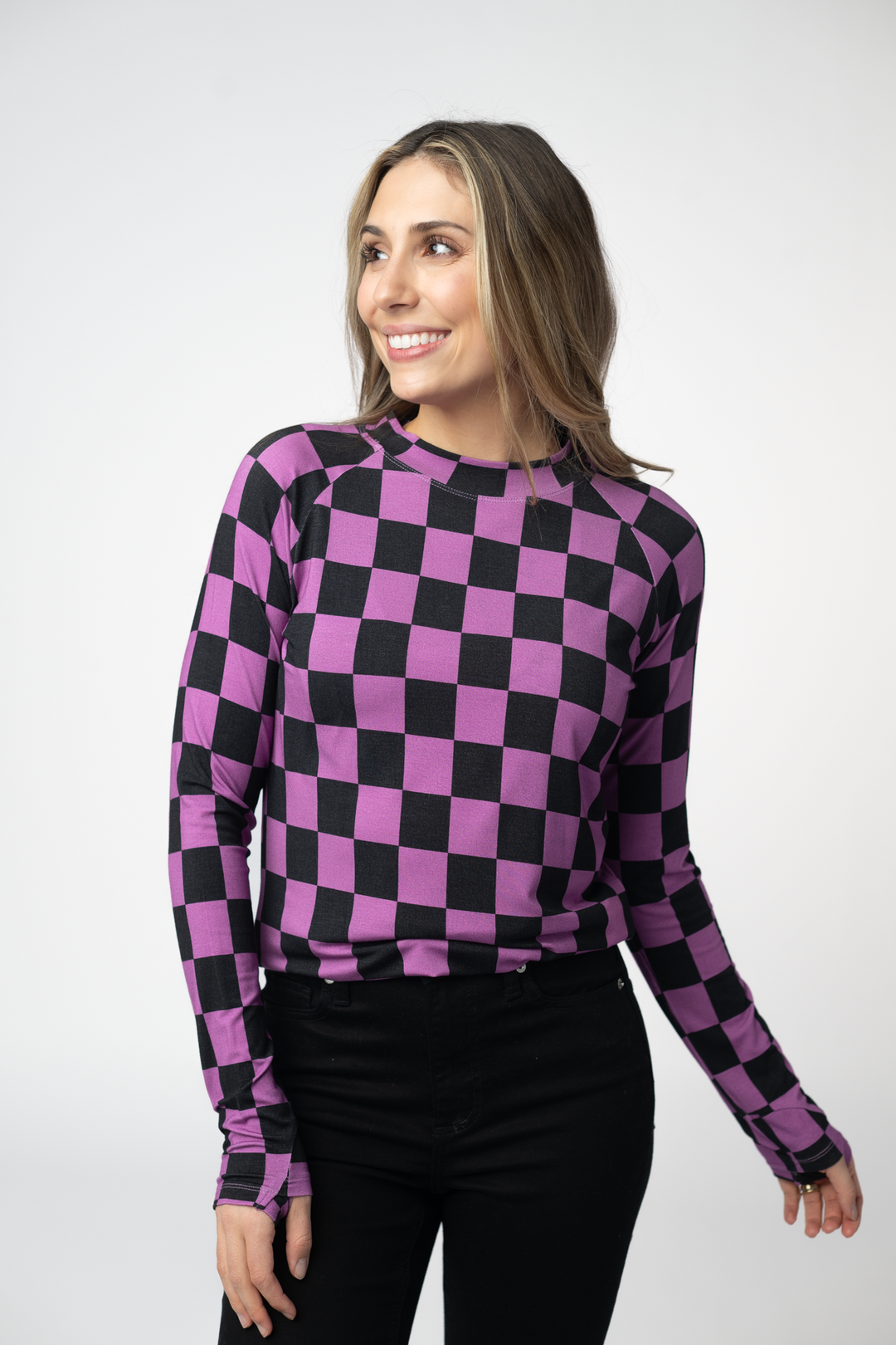 IN STOCK Blair Long Sleeve Top - Black and Purple Checkers