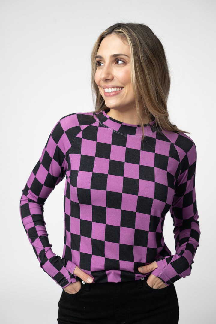 IN STOCK Blair Long Sleeve Top - Black and Purple Checkers