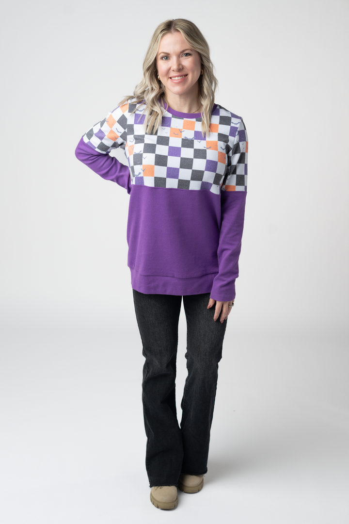 IN STOCK Natalie Pullover - Checkered Bats and Purple