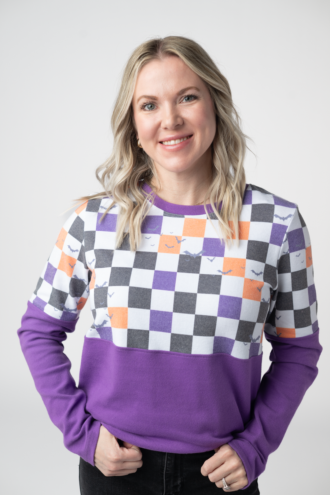 IN STOCK Natalie Pullover - Checkered Bats and Purple