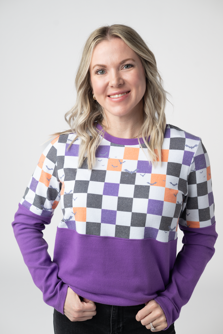 IN STOCK Natalie Pullover - Checkered Bats and Purple