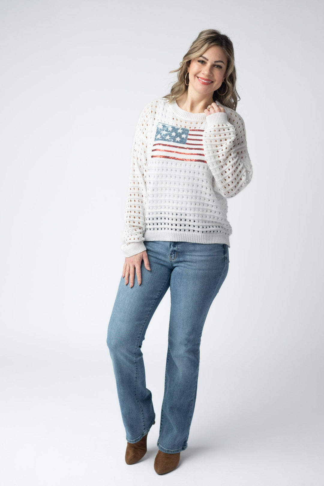 IN STOCK USA Sequin Flag Open Knit Pullover