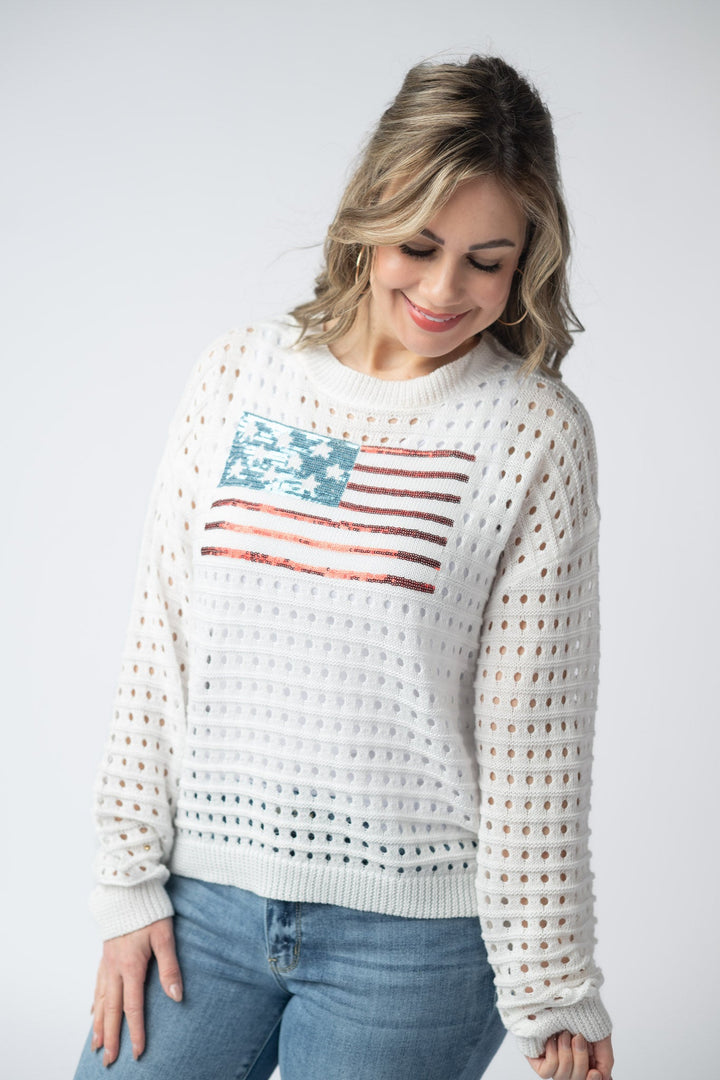 IN STOCK USA Sequin Flag Open Knit Pullover