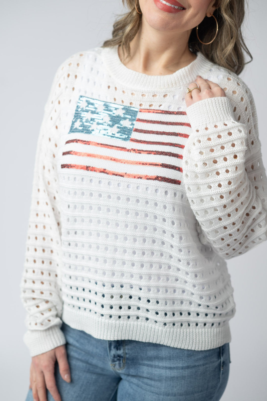 IN STOCK USA Sequin Flag Open Knit Pullover