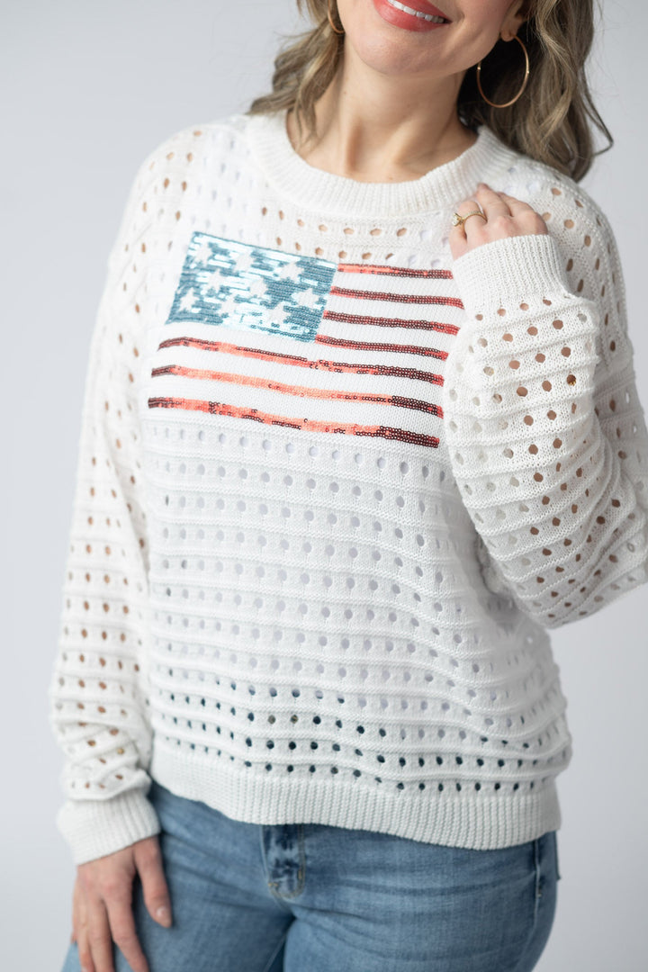 IN STOCK USA Sequin Flag Open Knit Pullover