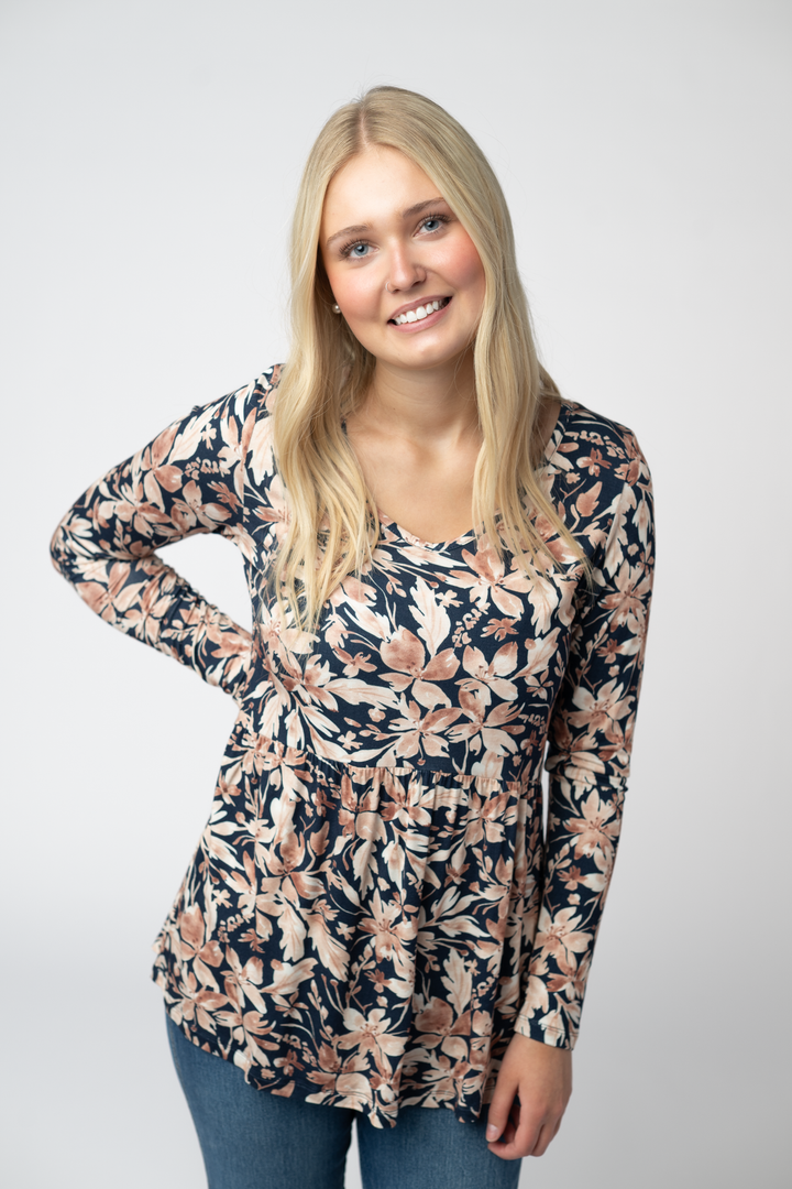 IN STOCK Long Sleeve Sarah Ruffle Top - Navy Autumn Petals