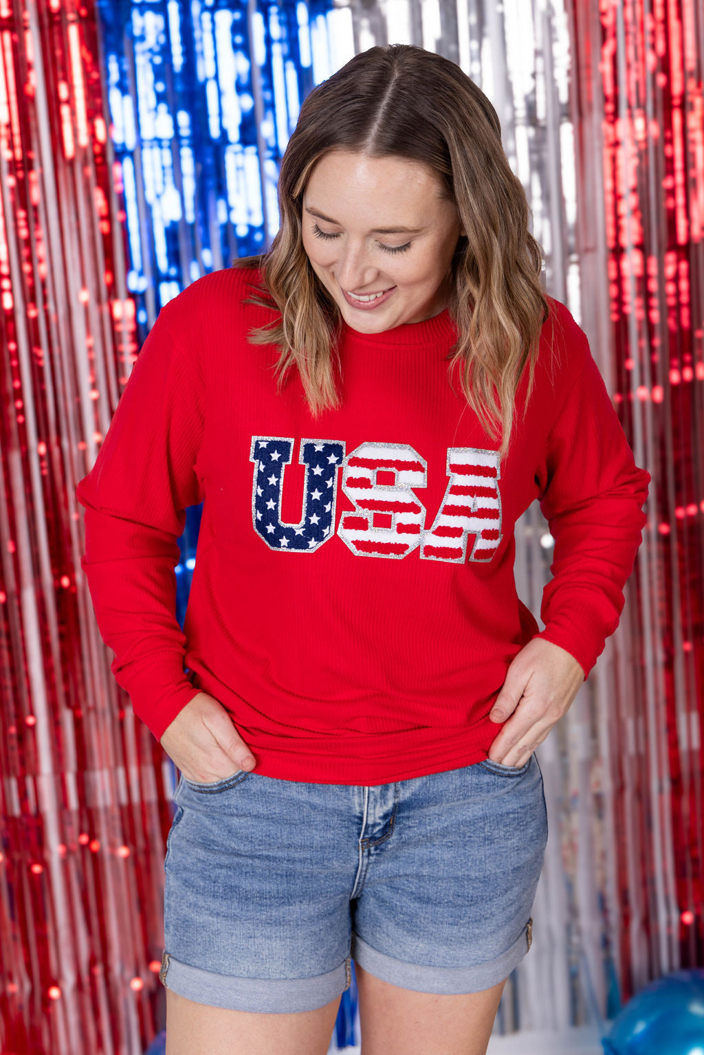 IN STOCK Corrine Pullover Top - Red USA Flag FINAL SALE