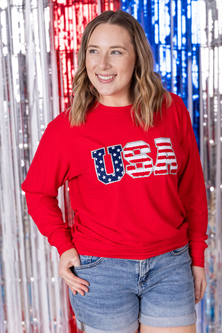 IN STOCK Corrine Pullover Top - Red USA Flag FINAL SALE