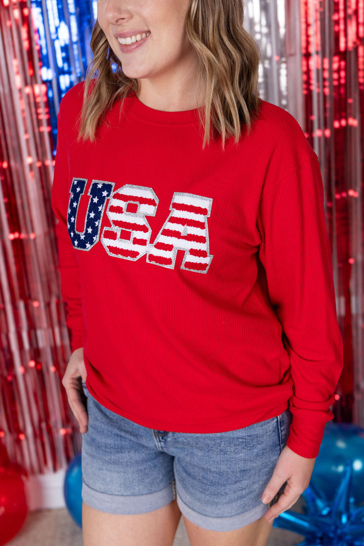 IN STOCK Corrine Pullover Top - Red USA Flag FINAL SALE