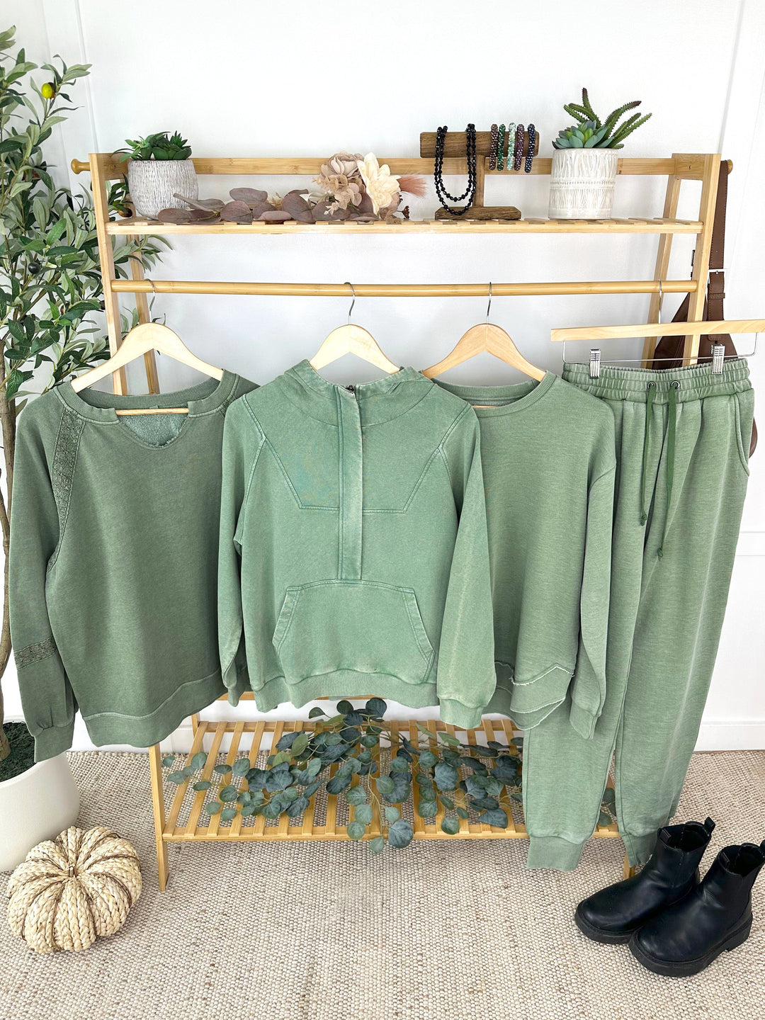 IN STOCK Lace Accent Vintage Wash Pullover - Olive