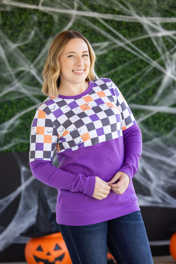 IN STOCK Natalie Pullover - Checkered Bats and Purple