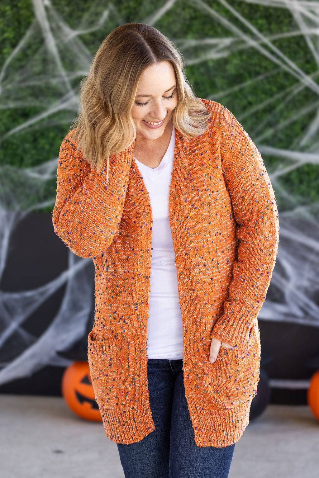 IN STOCK Carly Confetti Dot Cardigan - Pumpkin