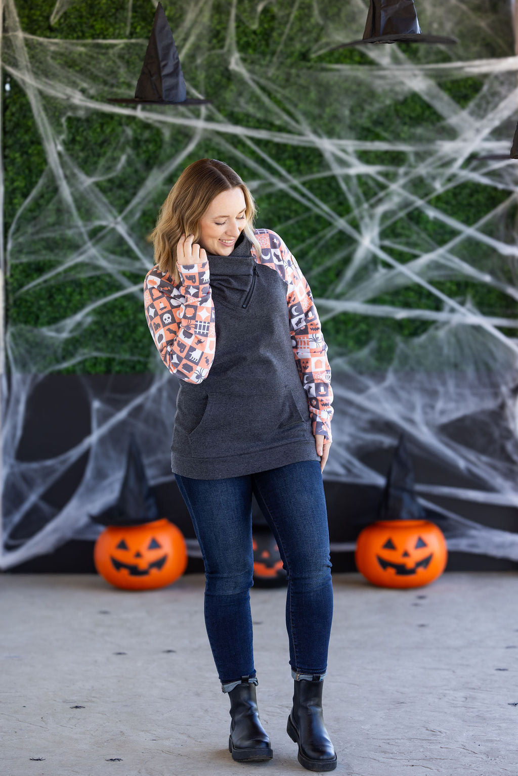 IN STOCK Zoey ZipCowl Sweatshirt -Trick-or-Treat Checkered and Charcoal FINAL SALE