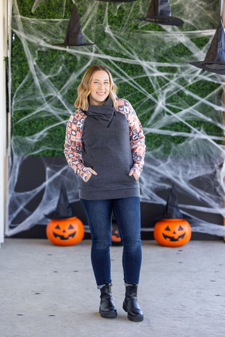 IN STOCK Zoey ZipCowl Sweatshirt -Trick-or-Treat Checkered and Charcoal FINAL SALE