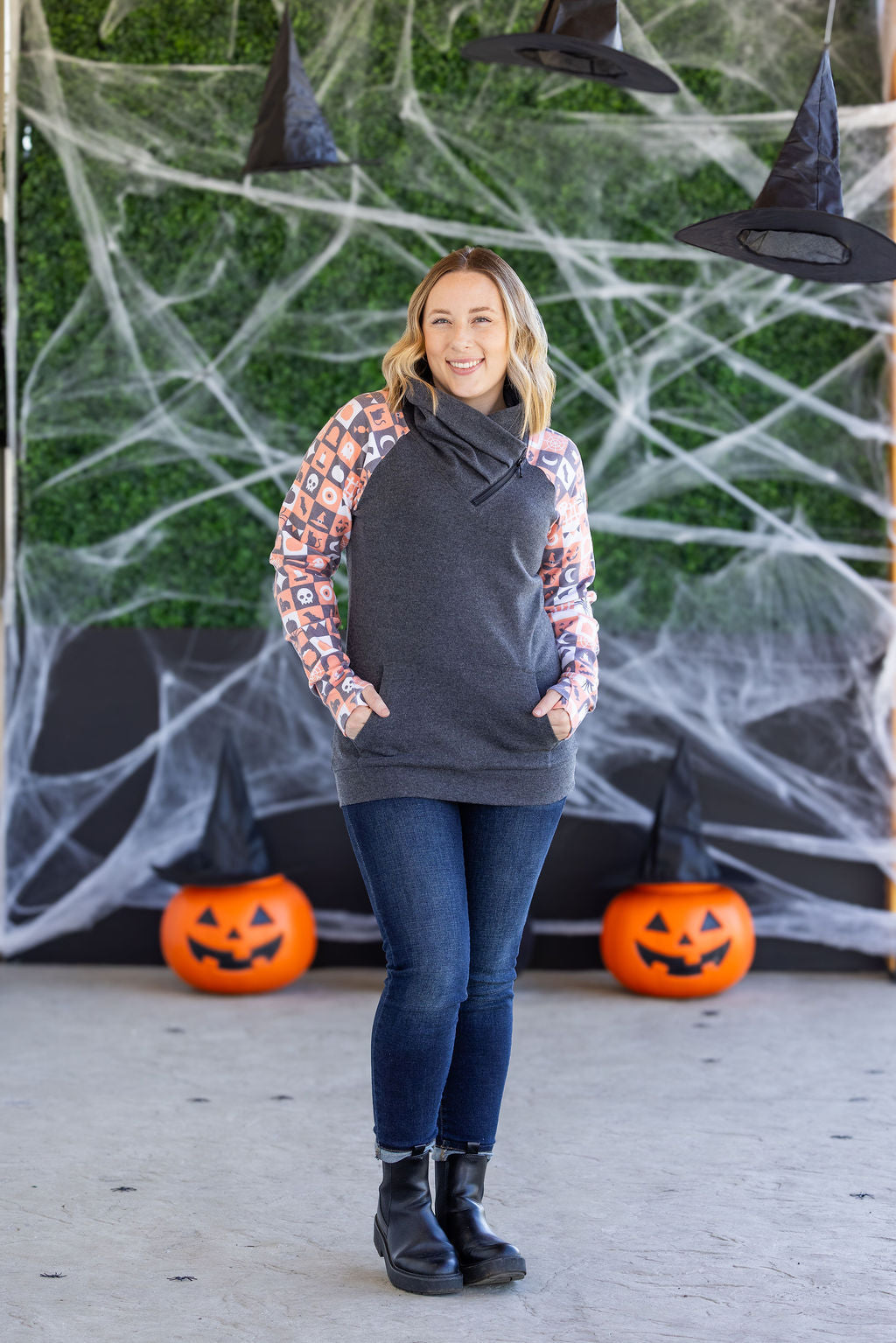 IN STOCK Zoey ZipCowl Sweatshirt -Trick-or-Treat Checkered and Charcoal FINAL SALE