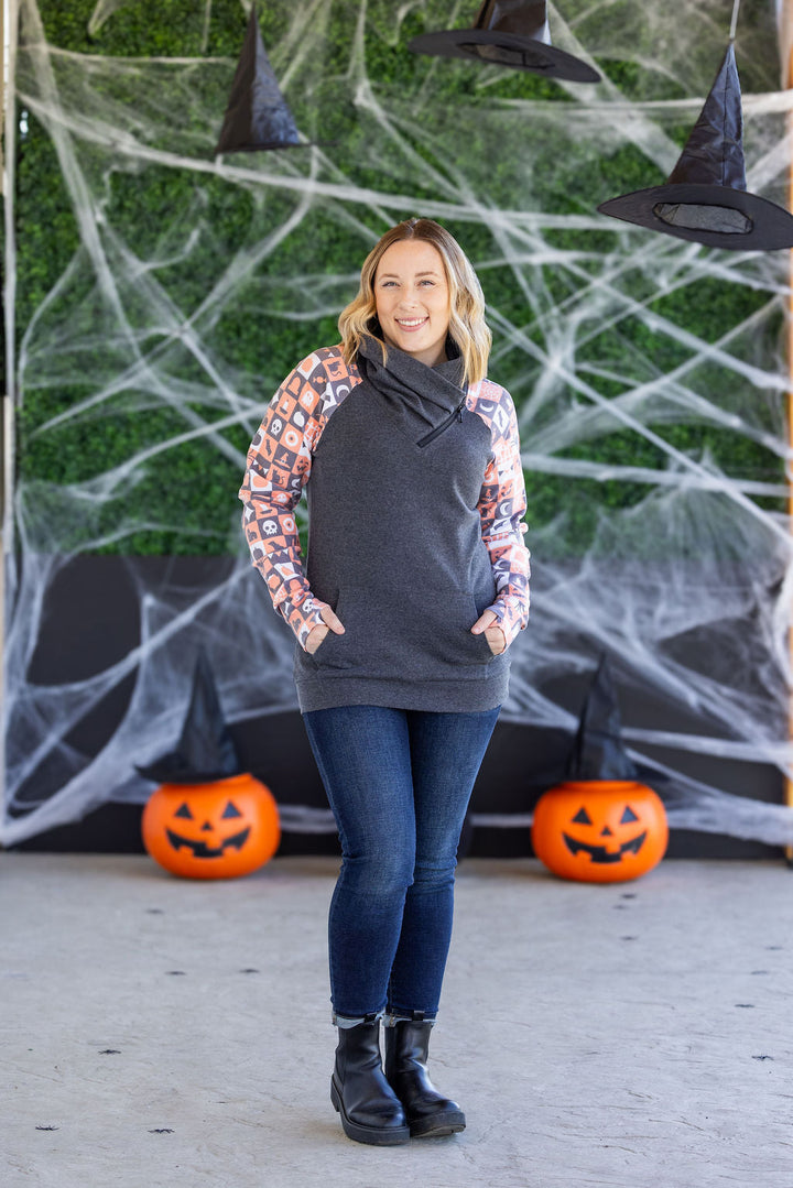 IN STOCK Zoey ZipCowl Sweatshirt -Trick-or-Treat Checkered and Charcoal FINAL SALE