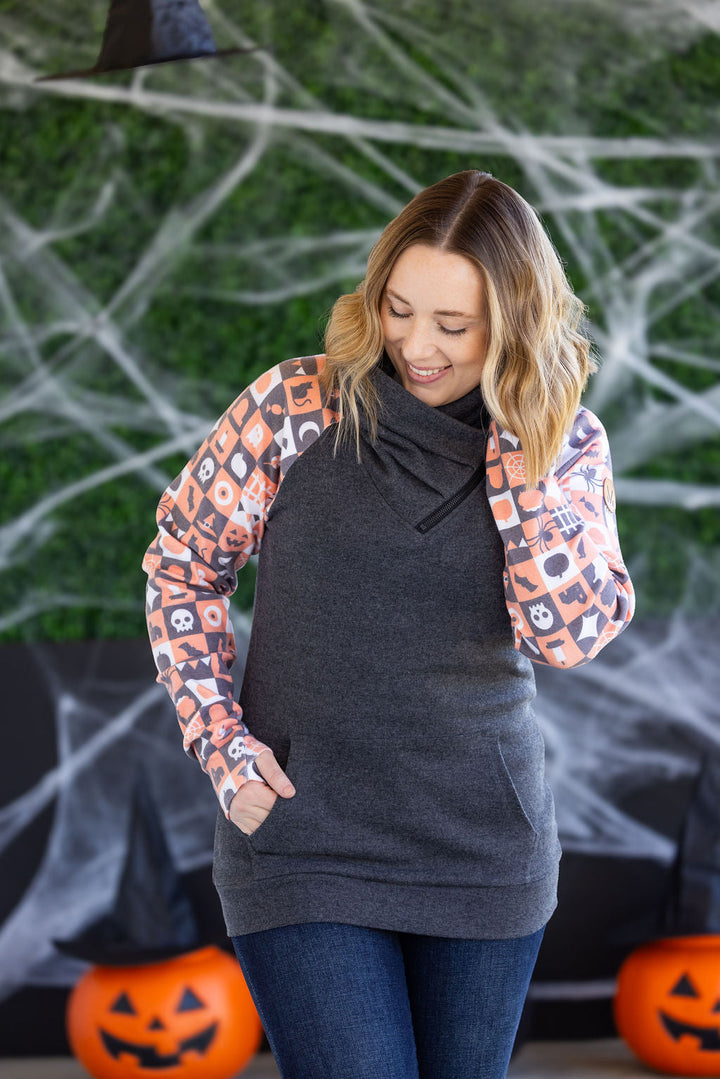 IN STOCK Zoey ZipCowl Sweatshirt -Trick-or-Treat Checkered and Charcoal FINAL SALE