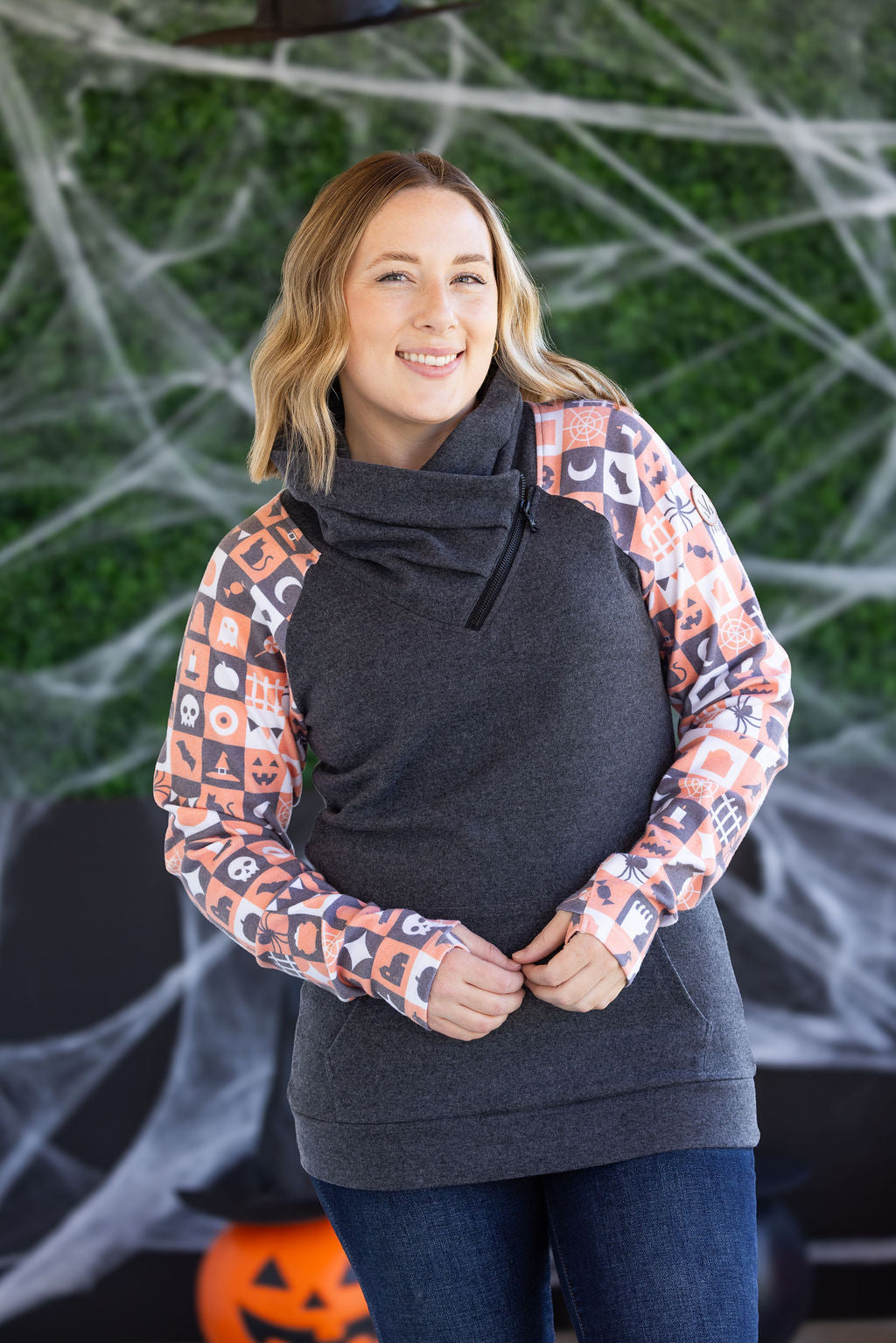 IN STOCK Zoey ZipCowl Sweatshirt -Trick-or-Treat Checkered and Charcoal FINAL SALE