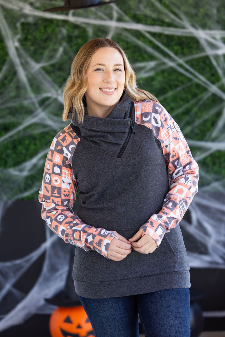 IN STOCK Zoey ZipCowl Sweatshirt -Trick-or-Treat Checkered and Charcoal FINAL SALE
