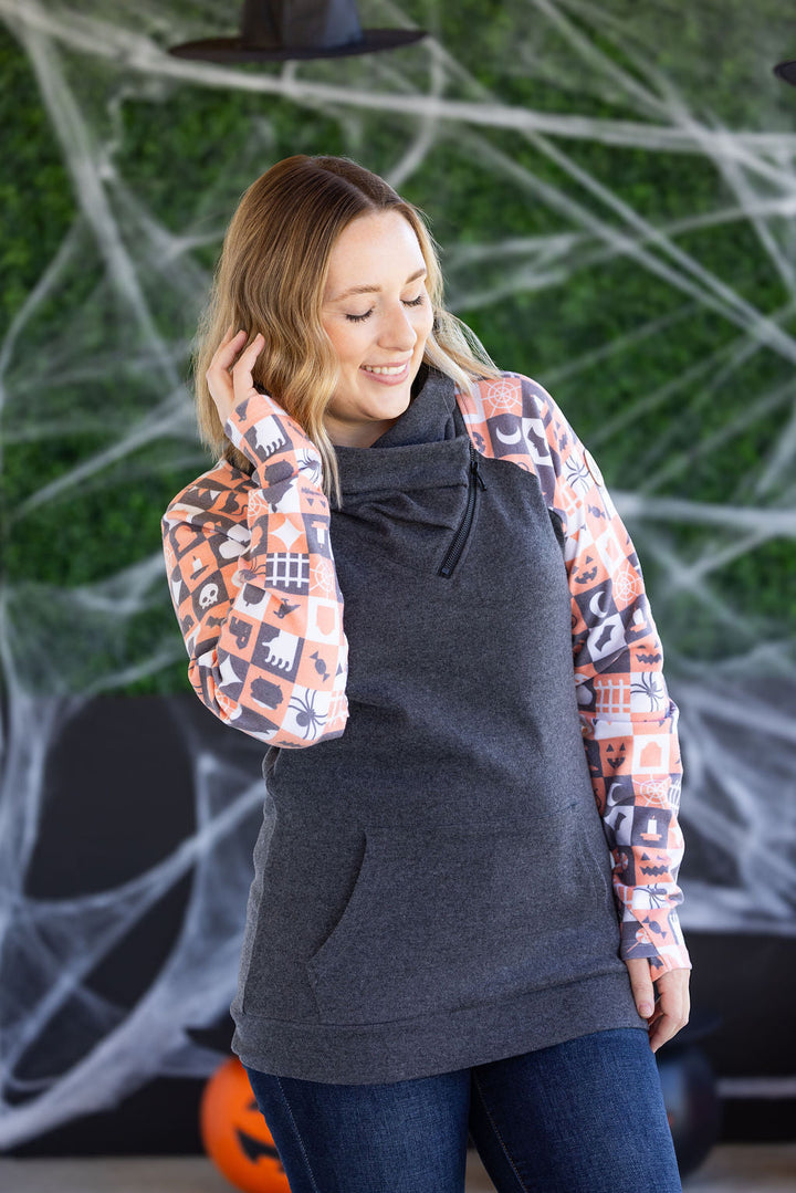 IN STOCK Zoey ZipCowl Sweatshirt -Trick-or-Treat Checkered and Charcoal FINAL SALE