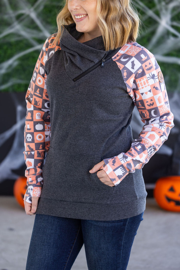 IN STOCK Zoey ZipCowl Sweatshirt -Trick-or-Treat Checkered and Charcoal FINAL SALE