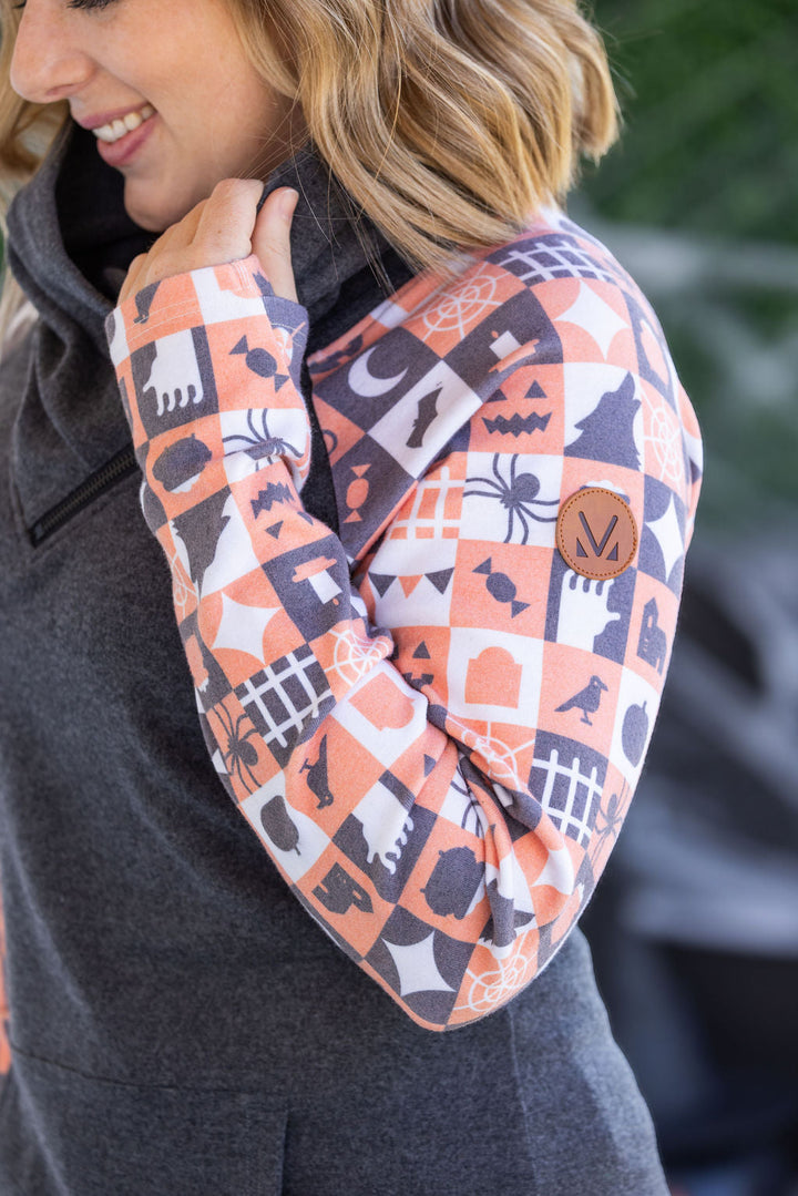IN STOCK Zoey ZipCowl Sweatshirt -Trick-or-Treat Checkered and Charcoal FINAL SALE