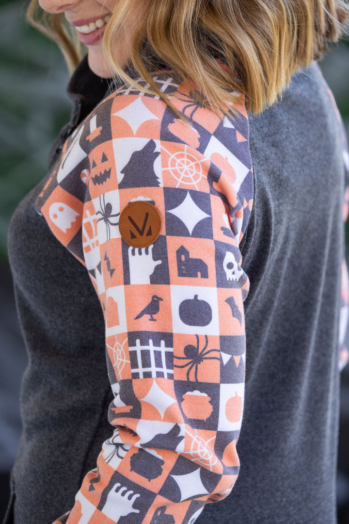 IN STOCK Zoey ZipCowl Sweatshirt -Trick-or-Treat Checkered and Charcoal FINAL SALE