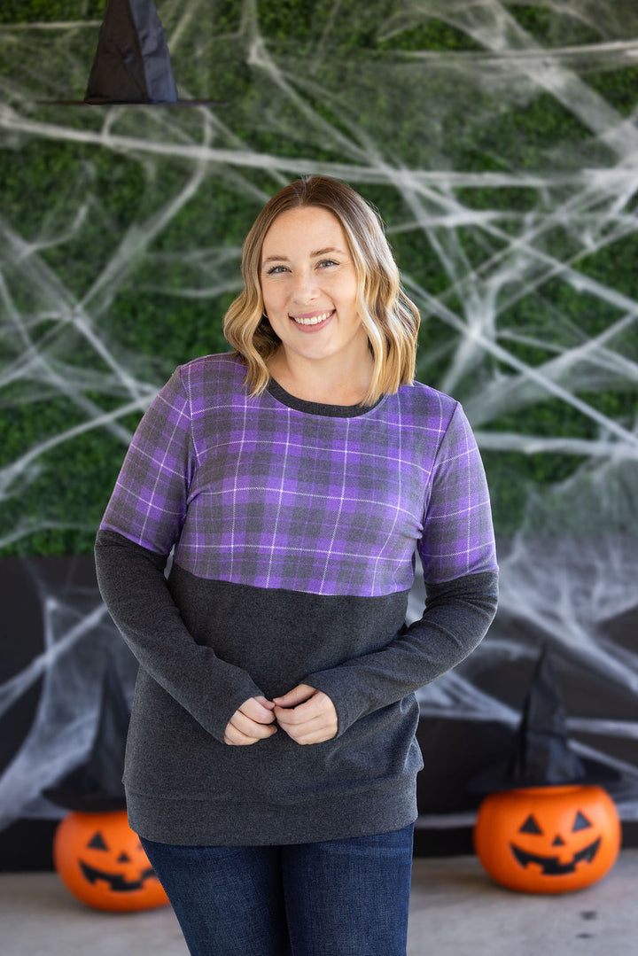 IN STOCK Natalie Pullover - Purple Plaid and Charcoal
