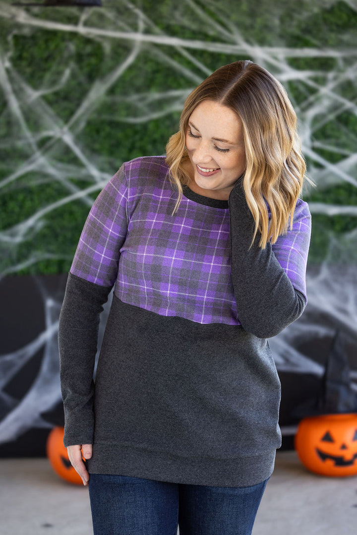 IN STOCK Natalie Pullover - Purple Plaid and Charcoal