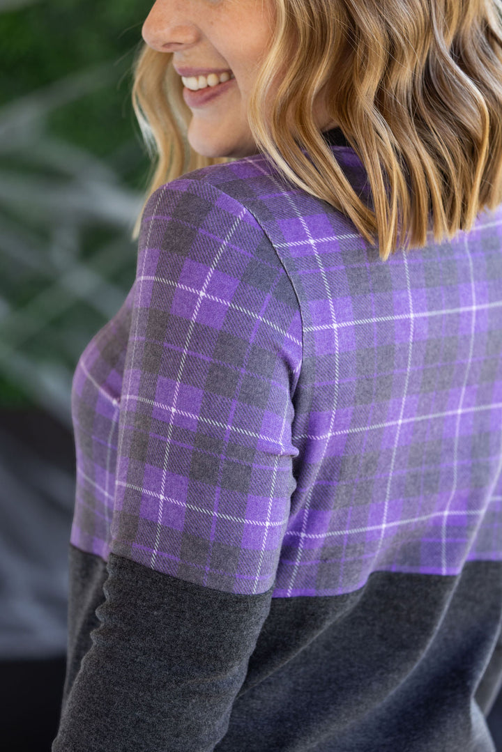 IN STOCK Natalie Pullover - Purple Plaid and Charcoal