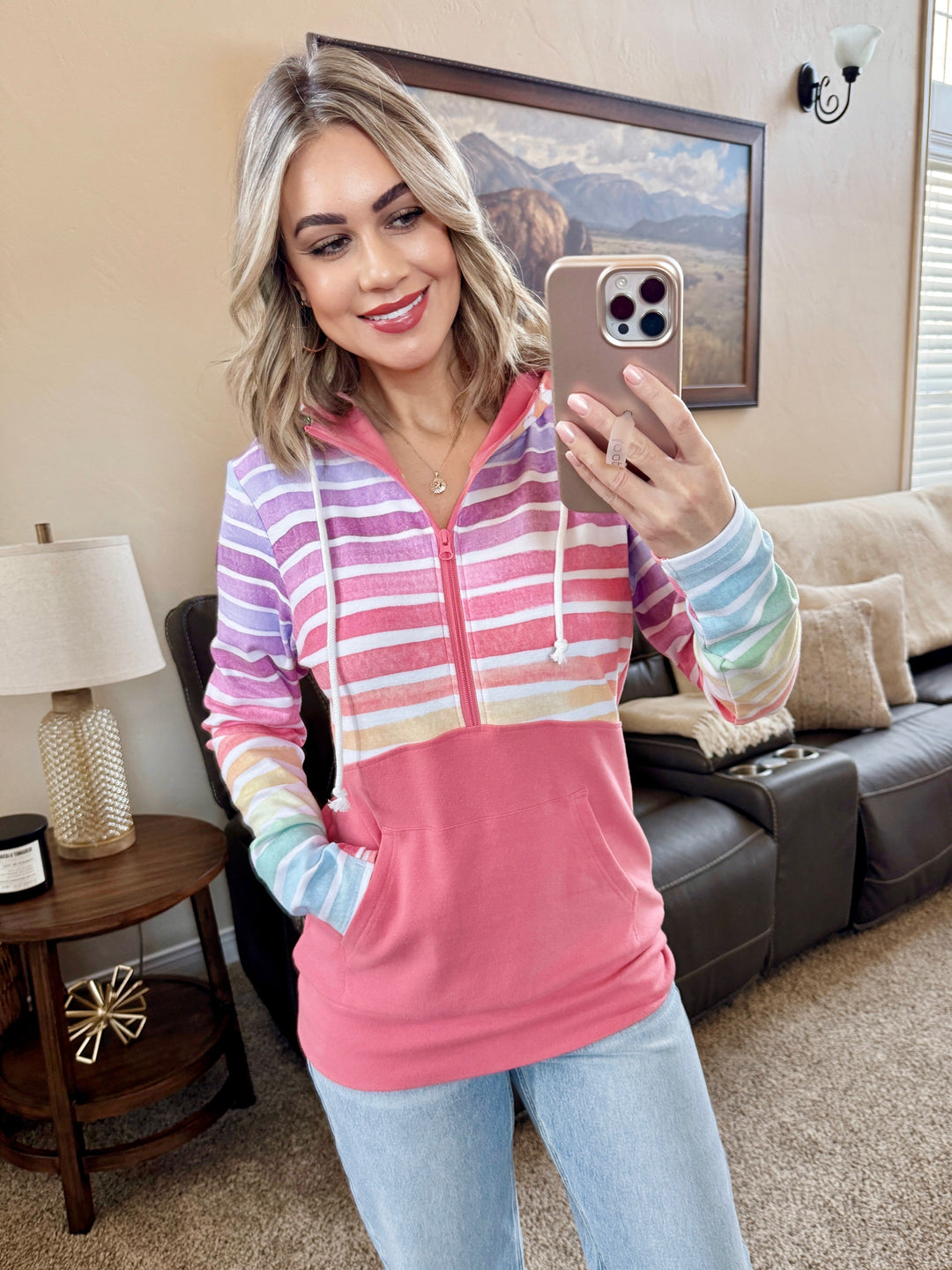IN STOCK Classic Halfzip Hoodie - Rainbow Stripes and Sun Kissed Coral