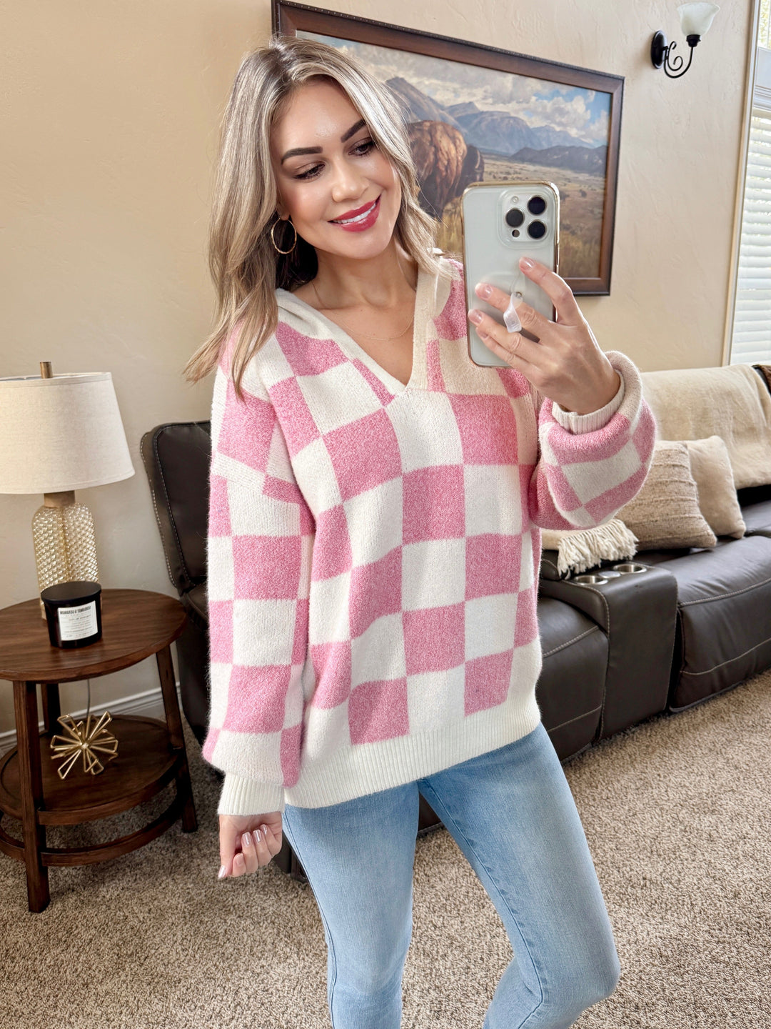 IN STOCK Checkered Hoodie - Pink and White