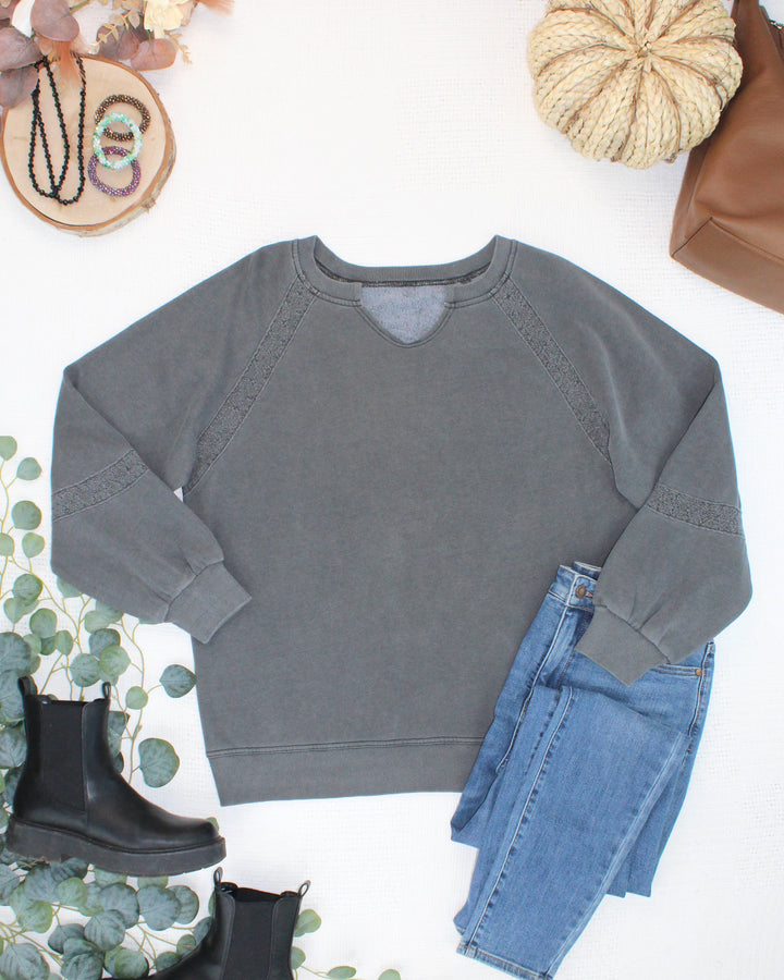IN STOCK Lace Accent Vintage Wash Pullover - Black