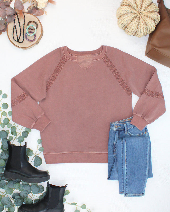 IN STOCK Lace Accent Vintage Wash Pullover - Brown