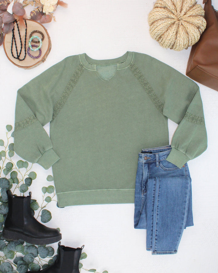 IN STOCK Lace Accent Vintage Wash Pullover - Olive