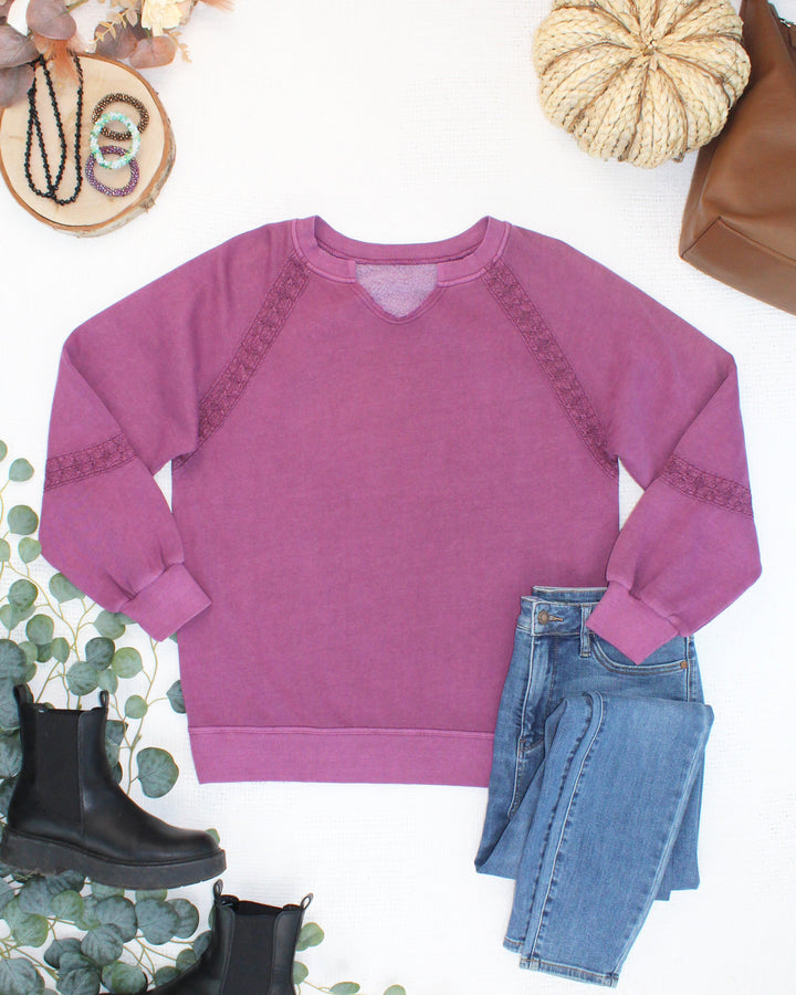 IN STOCK Lace Accent Vintage Wash Pullover - Purple