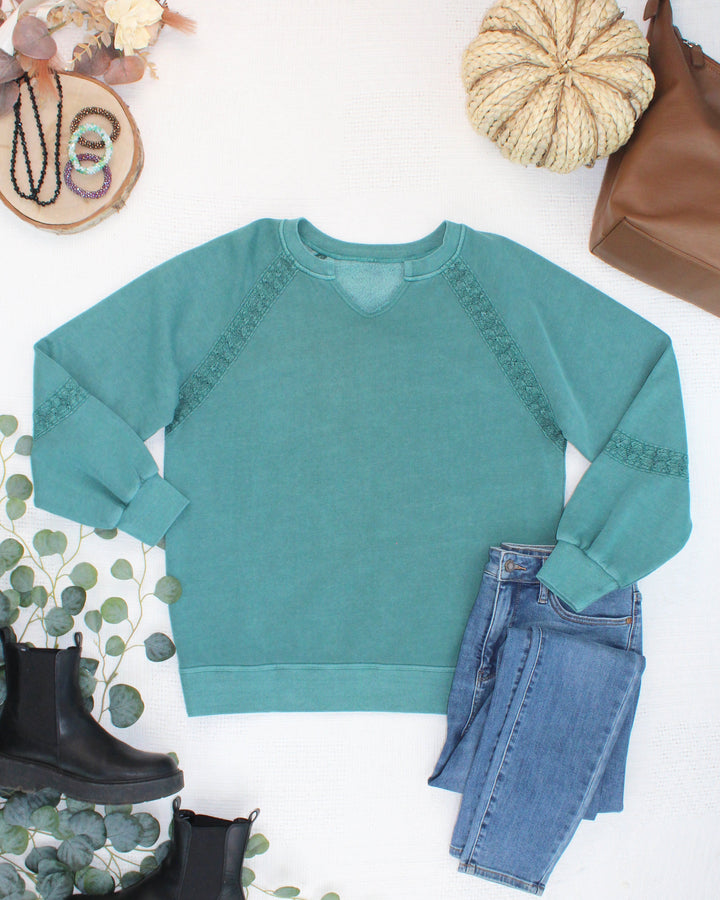 IN STOCK Lace Accent Vintage Wash Pullover - Teal